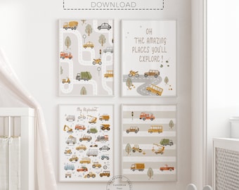 Lettres de l'alphabet sur les transports | Décoration de camions pour tout-petit | Véhicules ABC Imprimer | Posters de véhicule de transport de chambre d'enfant | Art mural imprimable garçon