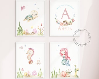 Mermaid Nursery Prints | Set of 4, Personalized Name Art (Digital Download)