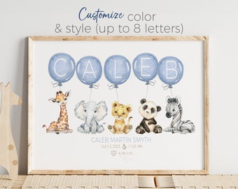 Watercolor Safari Animals Name Print: Personalized Balloon Nursery Decor (Digital Download)