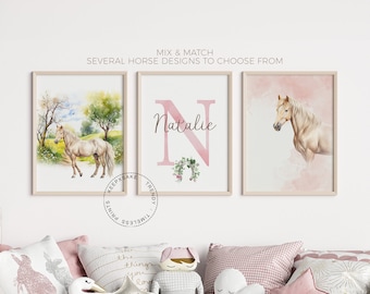 Personalized Watercolor Horse Prints, Set of 3, Girls Nursery Wall Art (Digital Download)