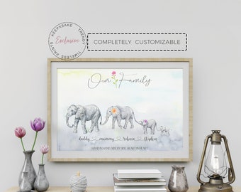 Impression personnalisée de famille d'éléphants | Art mural personnalisé famille éléphant animal | Cadeau pour famille, maman, nouveau-né | Décoration d'intérieur Art imprimable