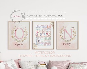 Sisters Nursery Wall Art Set, Personalised Initial Name Prints, Pink Floral Sibling Bedroom Decor, Sister Quote Print Gift