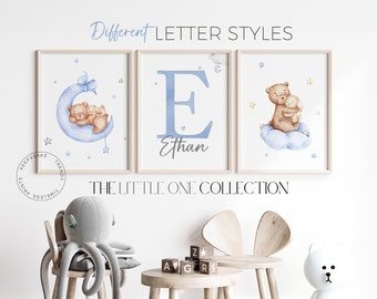 Teddy Bear Print | Set of 3 Bear Nursery Decor | Baby Name Initial Print | Baby Boy Nursery Wall Decor | Blue Nursery Prints | Grey Nursery