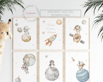 Watercolor Space Animals Nursery Prints – Set of 6 Astronaut Wall Art for Baby Boys, Neutral Toddler Room & Baby Shower Gift