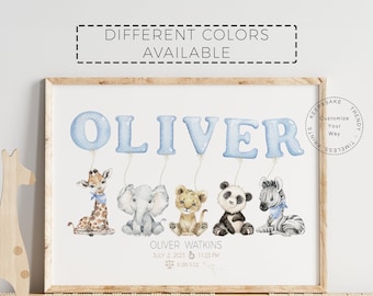 Watercolor Safari Animal Birth Print | Personalized Nursery Decor (Digital Download)