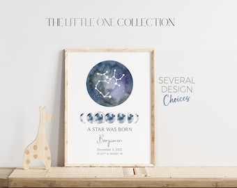 Personalized Baby Zodiac Print | Baby Boy Constellation Print | Baby Zodiac Sign Gift |Blue Grey Nursery Decor |Moon Phases Nursery Wall Art