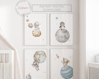Space Animals Nursery Print, Set of 4 | Astronaut Animals Nursery Decor | Toddler Boy Outer Space Astronaut Room Decor | Digital Download