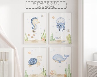 Impressions aquarelle pour chambre d'animaux marins | Décor sous la mer (téléchargement numérique)