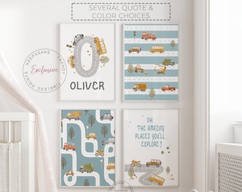 May include: Four printable wall art prints featuring a blue and yellow color scheme with a road and vehicles theme. The prints include a personalized print with the name "Oliver" and the number "0", a print with a road and various vehicles, a print with a road and various vehicles, and a print with a road and the text "Oh the amazing places you'll explore!"