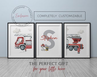 Watercolor Fire Truck Prints Set: Personalized Boys Nursery Decor (Digital Download)