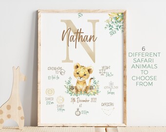 Safari Animal Birth Stats Print | Personalized Nursery Decor (Digital Download)