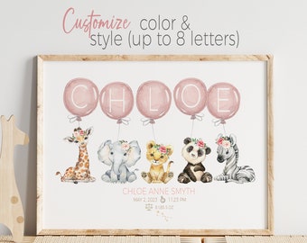 Personalized Balloon Safari Animals Birth Print | Blush Pink Nursery Printable Wall Art