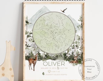 May include: A personalised star map print with a watercolour forest background. The print features the constellation of stars as they appeared on 13 January 2012 at 12:37 PM. The name Oliver is printed at the bottom of the print, along with the birth weight and location of the birth. The print is framed in a light wood frame.