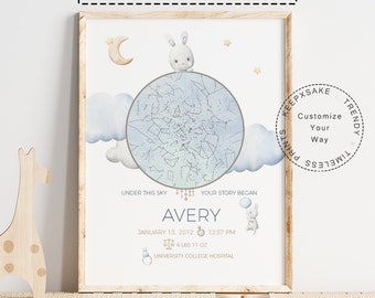 Bunny Star Map Nursery Print | Newborn Birth Stats, Baby Gift (Digital Download)