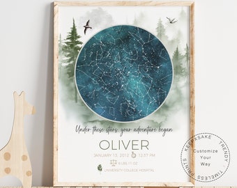 Custom Baby Star Map Print | Celestial Woodland Nursery Printable Decor | Forest Baby Details Wall Art