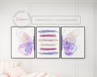 Impression personnalisée Affirmation positive pour filles | Lot de 3 oeuvres d'art murales personnalisées Je suis un papillon | de chambre de fille | Décoration murale motivante pour filles