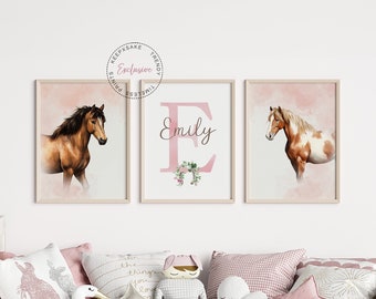 Arte de parede para berçário de cavalos | Estampas de cavalos personalizadas | Estampas para quarto de menina | Pôsteres de cavalo em pele de gamo, conjunto de 3 | Arte de parede para impressão | Quarto de cavalo