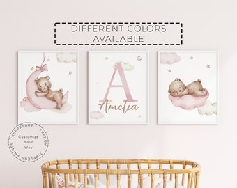 Personalized Teddy Bear Nursery Print Set - Blush Pink Nursery Decor - Printable Wall Art