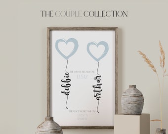 Può includere: Una stampa d'arte stampabile con due palloncini a forma di cuore blu, il testo "THE DAY WE BECAME ONE" e la data "13.5.12". Sotto i palloncini, il testo recita "debbie" e "arthur".