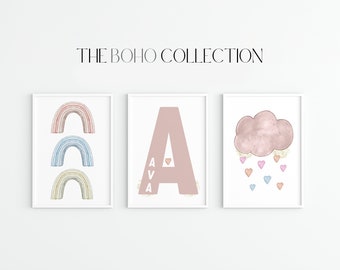 Aquarel regenboog kinderkamerafdrukken | Gepersonaliseerde meisjesnaam, bohodecor (set van 3) (digitale download)