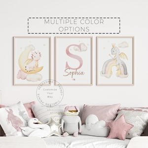 Pink Baby Dragon Nursery Prints, Personalized | Dragon Princess Nursery Prints |Fairytale Dragons Nursery Wall Art | Girl Room Printable Art