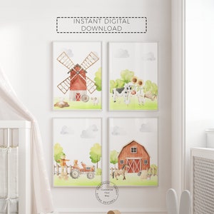 Farm Animal Printable Wall Art | Farm Nursery Prints, Set of 4 | Farm Tractor Prints |Farm Decor | Barn Yard Animal Prints |Digital Download