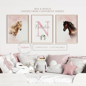 Floral Horse Wall Art | Horse Prints, Personalized | Horse Bedroom Print, Set of 3 | Horse Decor | Horse Nursery Decor | Printable Wall Art