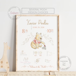 Regalo para bebé recién nacido / Impresión de detalles de nacimiento de osito Pooh / Impresión personalizada de bebé recién nacido / Regalo de bautizo / Guardería de Winnie the Pooh / Impresión de estadísticas de nacimiento