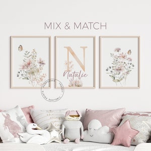 Wildflowers Prints, Personalized | Custom Floral Nursery Wall Art | Flowers Wall Art |Boho Baby Girl Nursery Decor | Name Initial Print