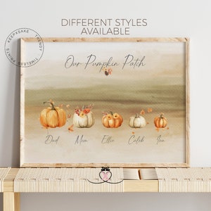Impresión de calabazas familiares / Decoración de otoño personalizada / Póster de otoño personalizado / Arte mural de otoño con calabazas en acuarela / Impresiones de calabazas
