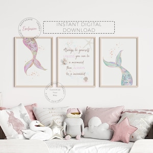 Mermaid Prints, Set of 3 |Quote Wall Art | Mermaid Nursery Prints | Under The Sea Kids Room | Girl Room Teal Pink Decor | Printable Girl Art