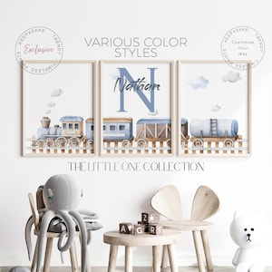 Set of 3 Train Prints | Choo Choo Train Nursery Blue Grey Brown Decor | Personalized Baby Boy Name Print | Toddler Nursery Bedroom Prints