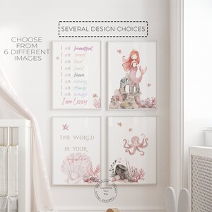 May include: Four printable wall art prints featuring watercolor illustrations of a mermaid, an octopus, a seashell, and a text-based design with the words "The World Is Your Oyster". The prints are in a pink and white color scheme.