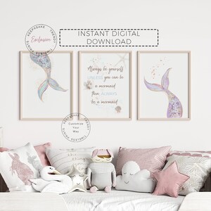 Mermaid Prints, Set of 3 |Quote Wall Art | Mermaid Nursery Prints | Under The Sea Kids Room | Girl Room Purple Decor | Printable Girl Art