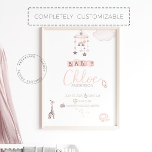 New Baby Girl Birth Print Gift | Boho Giraffe Elephant Name Print | Personalized Baby Girl Birth Stats Print | Blush Pink Nursery Decor