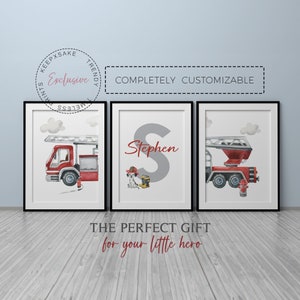 Rescue Vehicle Fire Truck Set of 3 Prints | Boys Vehicle Personalized Prints | Watercolor Fire Truck Nursery Decor | Boys Bedroom Wall Art