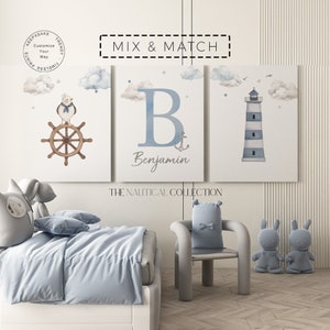 Lot de 3 gravures nautiques pour chambre de bébé | Décoration d'ours en peluche | Art mural personnalisé pour chambre d'enfant | bleu chambre d'enfant | Art mural bateau marin | Nouveau cadeau pour bébé