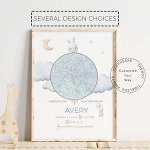 Regalo de mapa estelar de conejito recién nacido / Estadísticas de nacimiento de conejito / Lienzo "Noche de tu nacimiento" / Impresión de cielo para guardería de recién nacido / Decoración de guardería con globos de conejito
