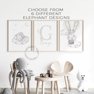 Baby Elephant Prints, Set of 3 | Baby Boy Nursery Prints |Neutral Nursery Decor |Personalized New Baby Gift |Elephant Clouds Nursery Prints