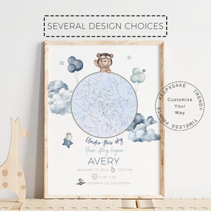 Regalo para bebé con mapa estelar, impresión personalizada con globos de osito de peluche, lienzo "Noche en que naciste", impresión de guardería "Cielo de bebé", guardería de osos