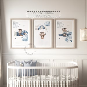 Juego de 3 impresiones de osito de peluche para guardería, decoración de guardería azul y marrón para niños, regalo para bebé recién nacido, arte de pared para guardería con oso, avión y globo, descarga digital