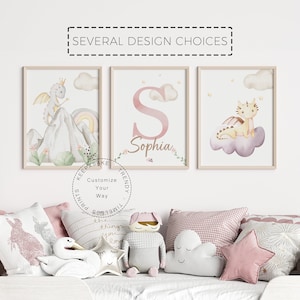 Pink Dragon Nursery Wall Art, Personalized |Girl Nursery Prints |Baby Dragons Prints |Mythical Creatures Decor |Fairytale Room Printable Art