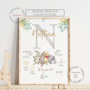 Habitación de bebé de Winnie the Pooh / Impresión de estadísticas de nacimiento Póster de Winnie the Pooh / Decoración con temática de naturaleza / Pooh y amigos / Regalo de bautizo / Guardería de Pooh