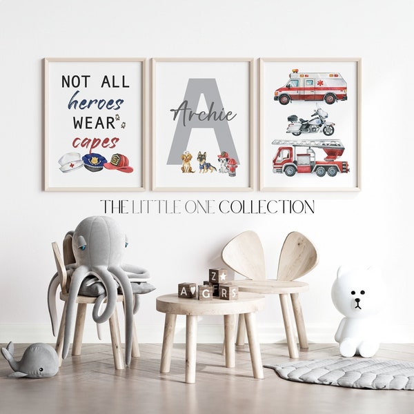 Personalized Rescue Vehicle Prints | Emergency Vehicle Prints Set of 3 | Fire Truck, Ambulance, Police Car Wall Art | Boys Room Quote Prints