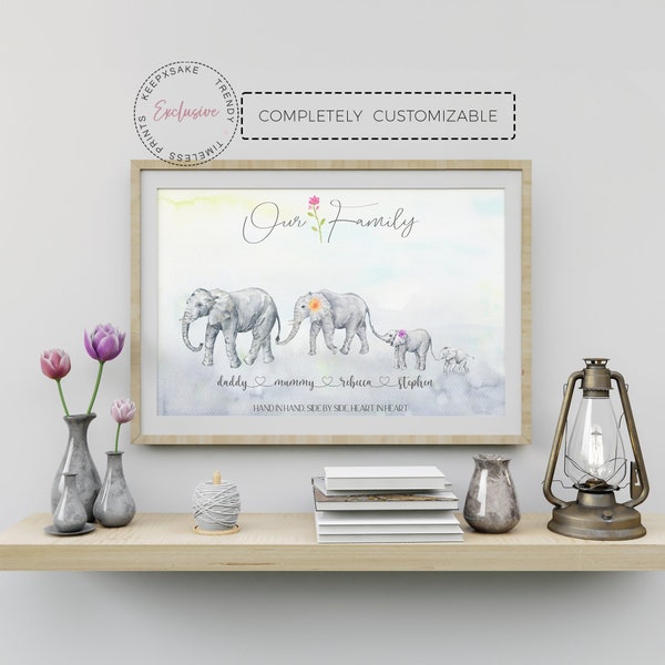 Personalised Elephant Family Print | Custom Animal Elephant Family Wall Art | Gift for Family, Mum, New Baby | Home Decor Printable Art