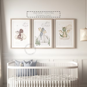 Set of 3 Baby Dragon Nursery Prints |Boy Room Printable Wall Art |Fantasy Nursery Decor |Baby Boy Dragon Nursery Decor |Neutral Dragon Decor