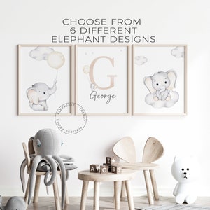 Baby Elephant Prints, Set of 3 | Baby Boy Nursery Prints | Neutral Nursery Decor | Personalized New Baby Gift | Boys Bedroom Wall Art