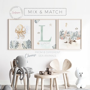 Láminas para habitación infantil bajo el mar / Arte mural de animales marinos, personalizado / Pósteres náuticos de animales oceánicos / Láminas para habitación infantil / Láminas de pulpo y ballena