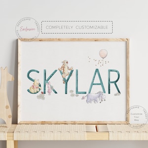 Impresión con nombre de Winnie the Pooh / Impresión con nombre personalizada de oso Pooh / Decoración personalizada para guardería de niña / Letrero con nombre de oso Pooh en acuarela / Regalo para bebé nuevo