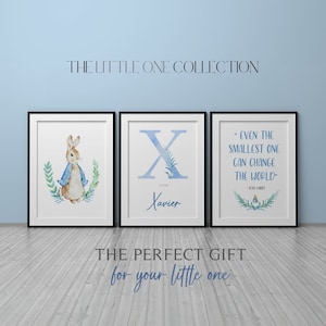 May include: Three framed prints for a nursery or child's room. The first print features a watercolor illustration of Peter Rabbit. The second print features a watercolor illustration of the letter X with the name Xavier below. The third print features a watercolor illustration of a bird with the quote "Even the smallest one can change the world" by Peter Rabbit.